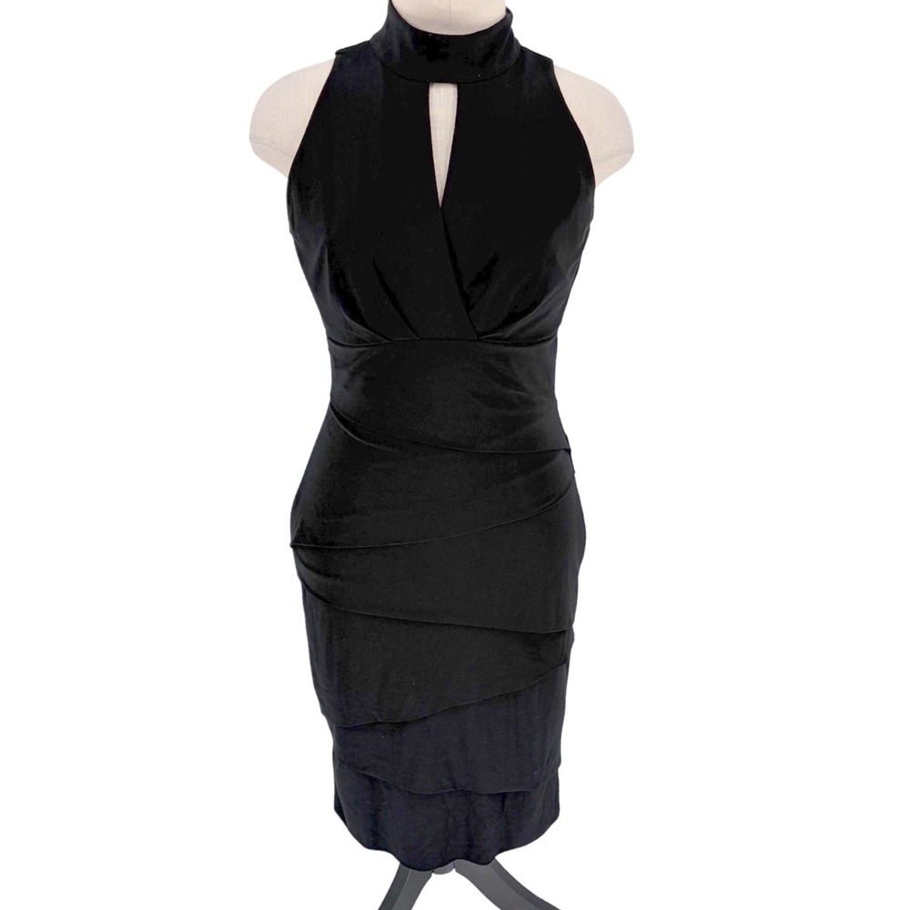 White House Black Market Sheath Dress 6 Black Halter Keyhole Tiered Ruched